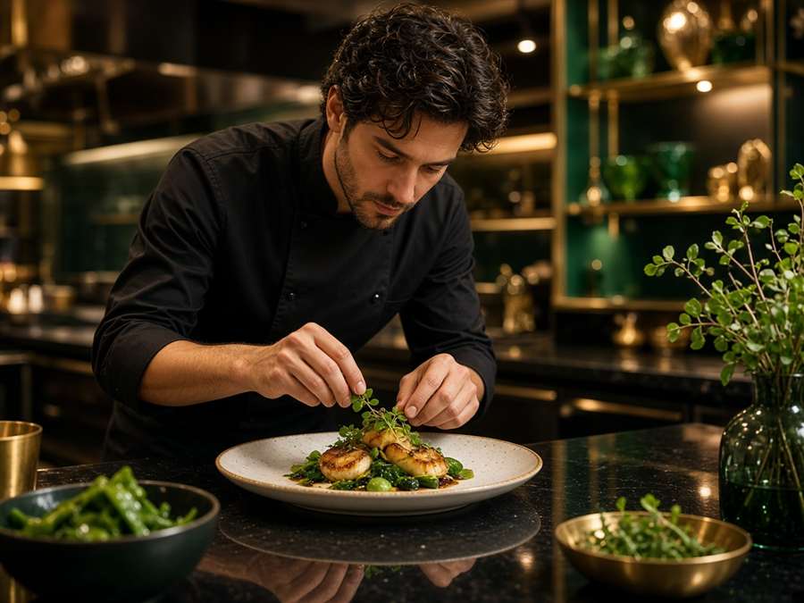 Chef a emplatar um prato gourmet na ChefferiaPT